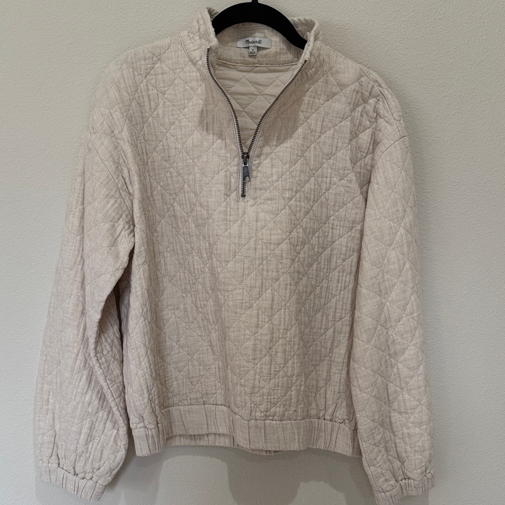 Madewell Quilted Half-Zip Pullover in Light Taupe